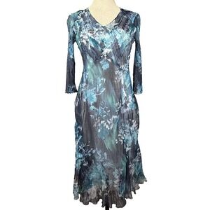 Komarov Dress Womens M Blue Sheer Floral Crinkle Midi USA Romantic Artsy Boho